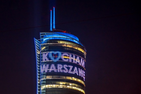 Focus on Warsaw Spire LED lights.