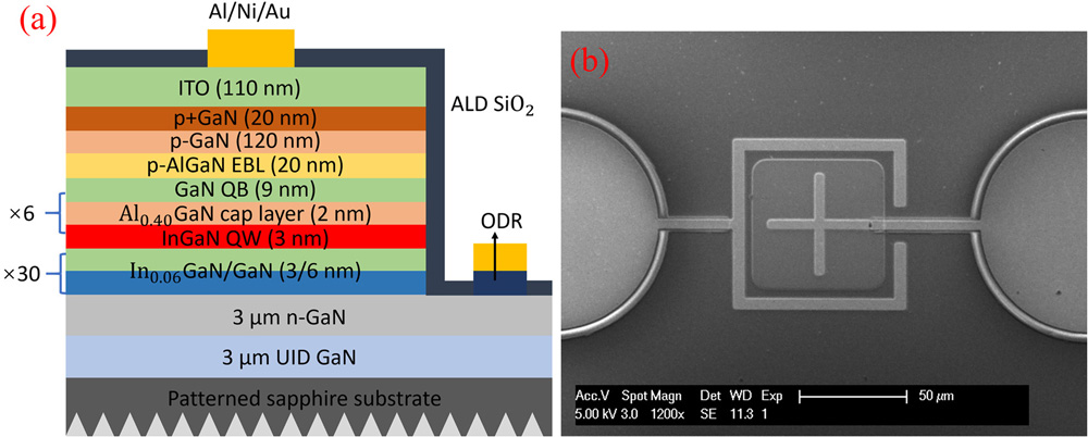 Figure 1: (a) Schematic epitaxial structure of InGaN red μLEDs; (b) Scanning electron micrograph of fabricated 60μmx60μm μLED. 