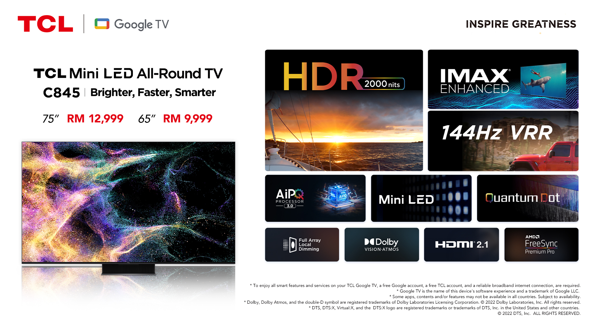 TCL QLED MINI LED TV 65” C845 4K UHD GOOGLE TV DOLBY VISION IQ